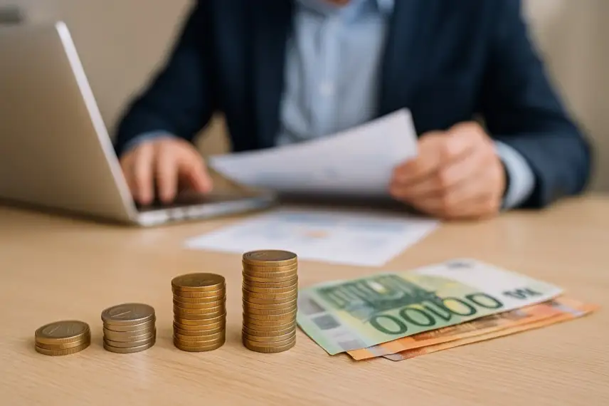 Mehrere gestapelte Euro-Münzen und Banknoten auf einem Schreibtisch, im Hintergrund ein Mann in Anzug, der an einem Laptop arbeitet.