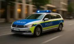 Deutsches Polizeiauto mit blau-gelber Lackierung fährt mit eingeschaltetem Blaulicht durch eine städtische Straße.