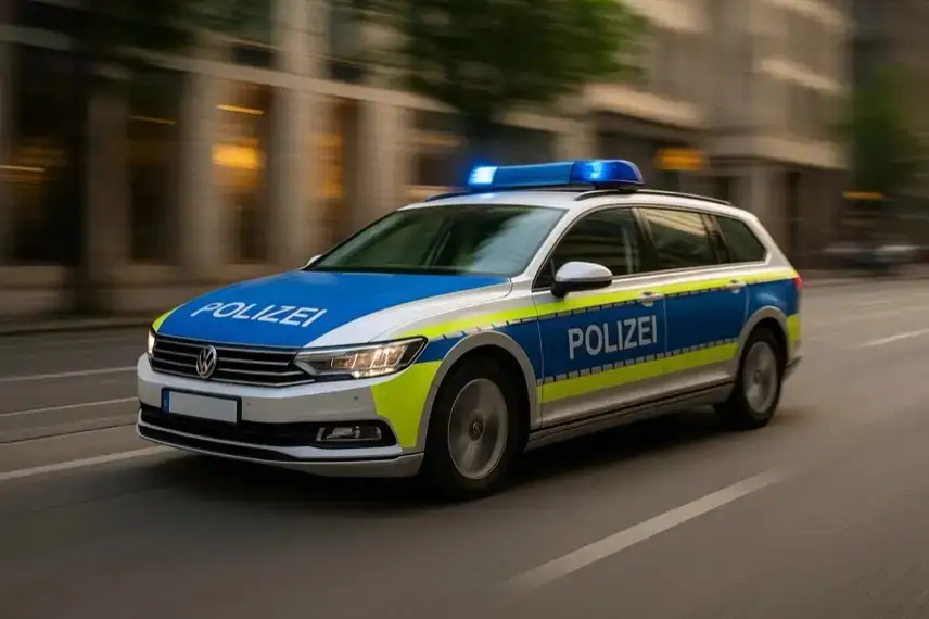 Deutsches Polizeiauto mit blau-gelber Lackierung fährt mit eingeschaltetem Blaulicht durch eine städtische Straße.