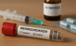 Ein Röhrchen mit der Aufschrift „Meningokokken positiv“ liegt auf einem Tisch, daneben eine Spritze, Antibiotika-Flasche und Tabletten.