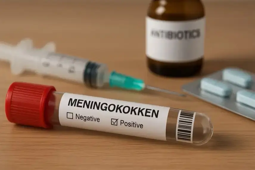 Ein Röhrchen mit der Aufschrift „Meningokokken positiv“ liegt auf einem Tisch, daneben eine Spritze, Antibiotika-Flasche und Tabletten.