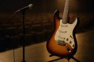 Eine E-Gitarre steht neben einem Mikrofonständer auf einer leeren Konzertbühne, im Hintergrund unscharfe Zuschauerreihen.