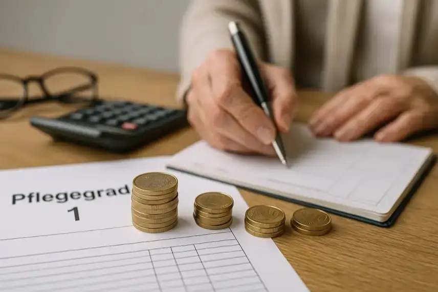 Mehrere Euro-Münzen liegen auf einem Tisch neben einem Formular mit der Aufschrift „Pflegegrad 1“, einem Stift, einer Brille und einem Taschenrechner.