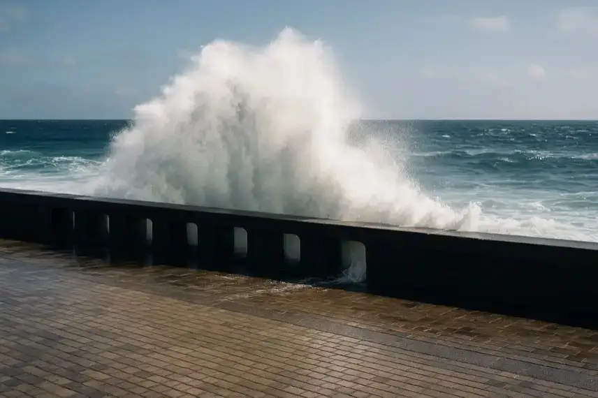 Hohe Welle bricht über eine Meeresmauer an einer sonnigen Küstenpromenade.
