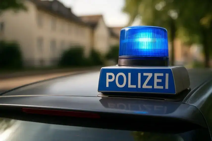 Nahaufnahme eines Polizeiwagens mit blauem Blaulicht und dem Schriftzug „Polizei“ auf dem Dach, im Hintergrund unscharfe Wohnhäuser.