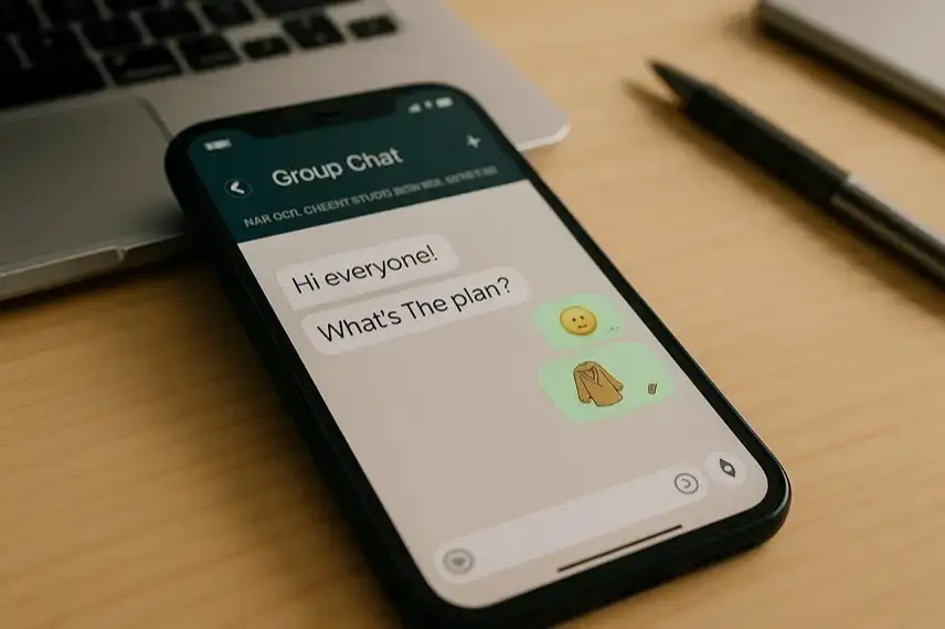 Smartphone auf Holztisch mit geöffneter WhatsApp-Chatansicht, daneben ein Laptop und ein Stift.