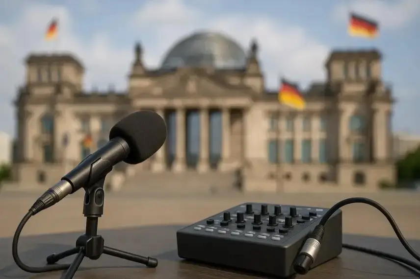 Mikrofon und Mischpult auf einem Tisch mit dem unscharf im Hintergrund sichtbaren Reichstagsgebäude in Berlin.