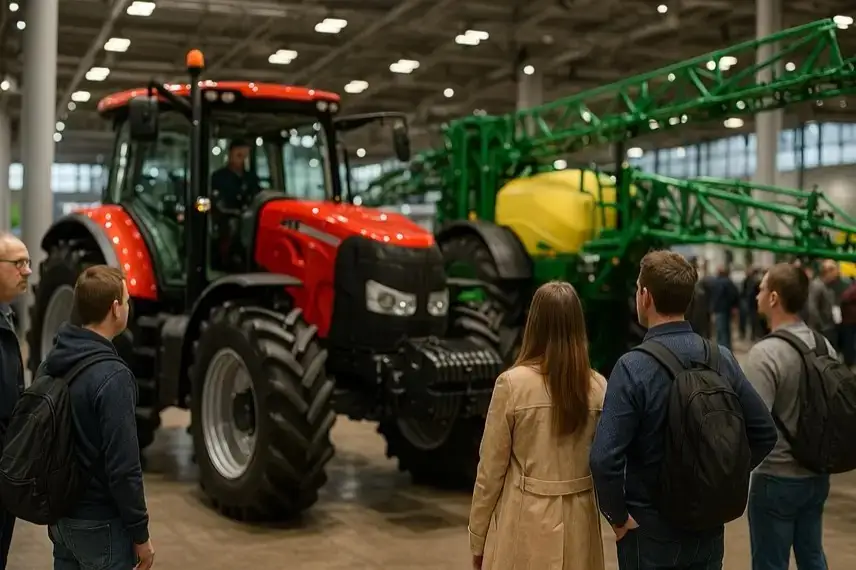 Besucher stehen in einer Messehalle vor einem roten Traktor mit grünem Sprühsystem und betrachten die Landmaschinen.