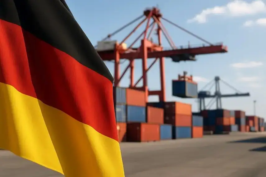 Deutsche Flagge weht im Vordergrund eines Containerhafens mit Kränen und gestapelten Containern bei Tageslicht.