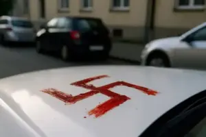 Nahaufnahme eines weißen Autodachs mit roter Flüssigkeit in Form eines Hakenkreuzes, im Hintergrund unscharf geparkte Autos und Häuser.