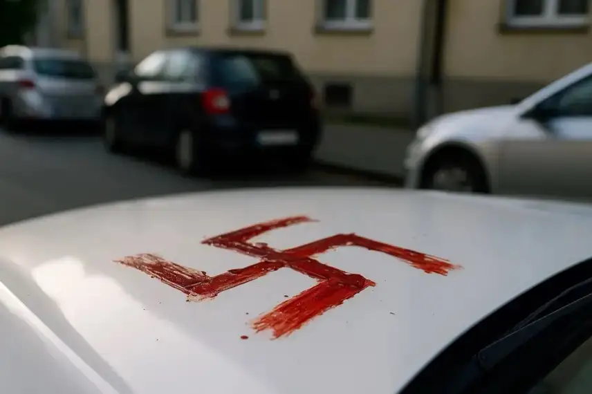 Nahaufnahme eines weißen Autodachs mit roter Flüssigkeit in Form eines Hakenkreuzes, im Hintergrund unscharf geparkte Autos und Häuser.