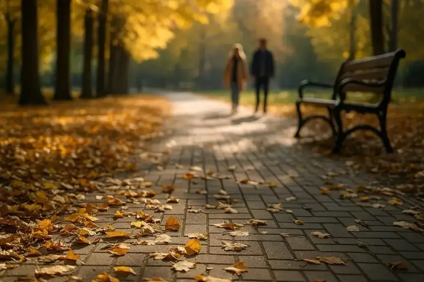 Herbstlicher Parkweg mit buntem Laub, Parkbank und zwei unscharfen Personen im Hintergrund bei warmem Sonnenlicht.