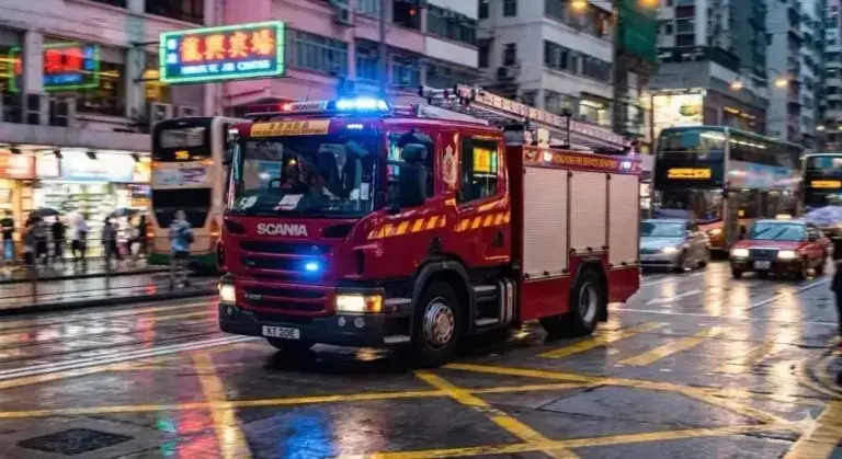 Ein rotes Scania-Löschfahrzeug des "Hong Kong Fire Services Department" fährt bei Nacht und Regen mit eingeschaltetem Blaulicht und Scheinwerfern über eine nasse Straßenkreuzung, in der sich bunte Leuchtreklamen spiegeln. Im Hintergrund sind unscharfe Busse und Gebäude zu sehen.