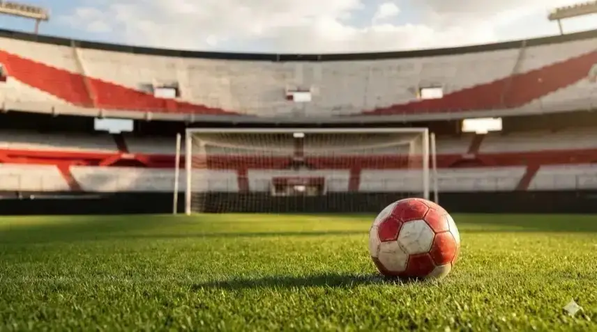 Fotorealistisches Symbolbild: weiß-roter Fußball liegt auf grünem Rasen vor einem leeren Tor, im Hintergrund verschwommene leere Tribünen eines modernen Stadions bei Tageslicht.