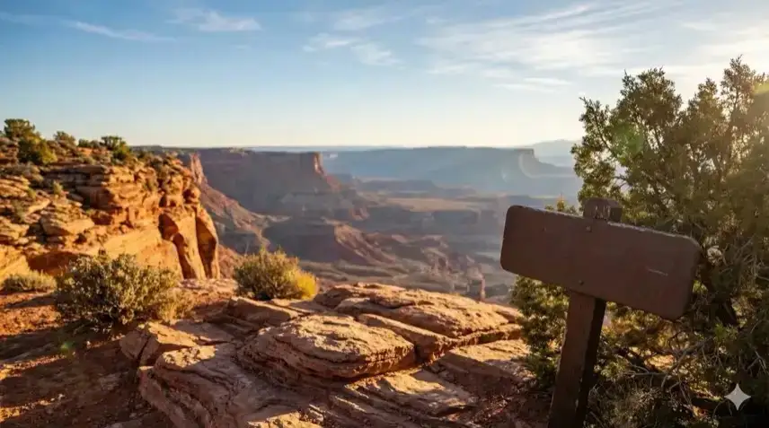 Fotorealistische Nachstellung des Grand Canyon bei Sonnenaufgang mit goldenem Licht auf roten Felsformationen, leerem Holzschild ohne Schrift und weitem Blick ins Tal.