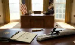 Fotorealistische Nachstellung: Autopen-Signiermaschine und Stapel Executive Orders auf dem Resolute Desk im Oval Office, helles Tageslicht, keine Personen.