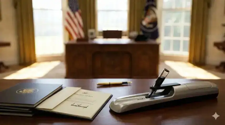 Fotorealistische Nachstellung: Autopen-Signiermaschine und Stapel Executive Orders auf dem Resolute Desk im Oval Office, helles Tageslicht, keine Personen.