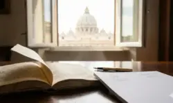 Auf einem polierten Holztisch liegen ein aufgeschlagenes altes Buch mit lateinischem Text und ein moderner Stapel weißer Vatikan-Papiere, im Hintergrund unscharf die Kuppel des Petersdoms im Sonnenlicht.