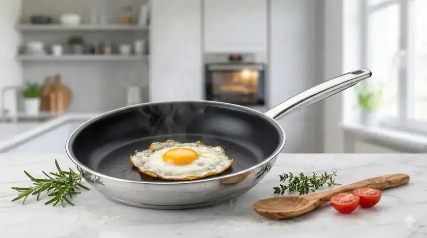 28-cm-Edelstahl-Bratpfanne mit goldbraunem Spiegelei, Holzkochlöffel, Kräuterzweigen und Kirschtomaten auf weißer Marmorarbeitsplatte, heller Küchenhintergrund mit cremigem Bokeh.