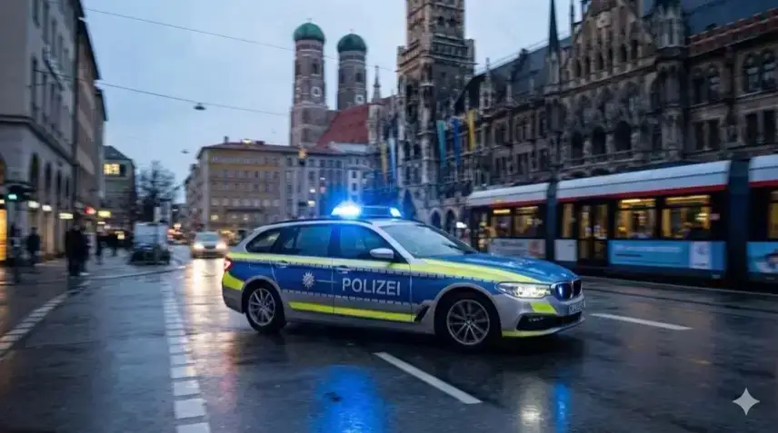 Ein silber-blauer BMW-Kombi der Polizei Bayern fährt mit eingeschaltetem Blaulicht auf einer nassen Straße bei Dämmerung. Im Hintergrund sind die Zwillingstürme der Frauenkirche und das Neue Rathaus in München zu erkennen.