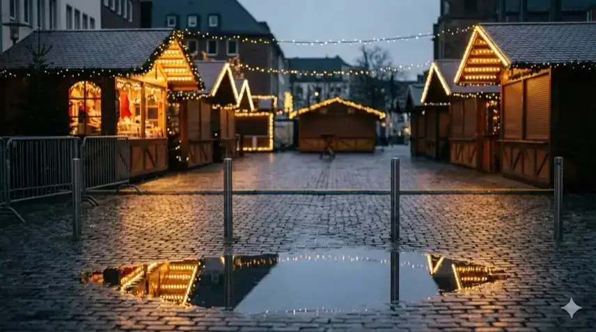 Leerer Weihnachtsmarkt bei Dämmerung mit beleuchteten Buden, Lichterketten, Metallpollern und nassem Kopfsteinpflaster.