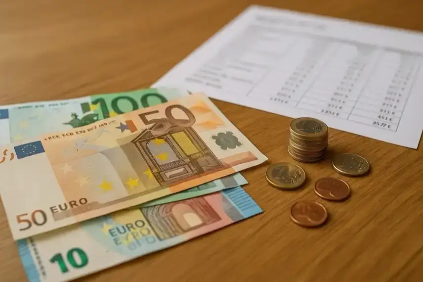 Ein Schreibtisch mit Euro-Münzen, Geldscheinen und Dokumenten, weich ausgeleuchtet und fotorealistisch aufgenommen.