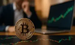 Nahaufnahme einer goldenen Bitcoin-Münze auf reflektierender Oberfläche mit unscharfem Hintergrund und neutralen Lichteffekten.