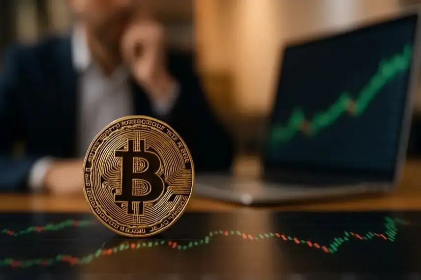 Nahaufnahme einer goldenen Bitcoin-Münze auf reflektierender Oberfläche mit unscharfem Hintergrund und neutralen Lichteffekten.