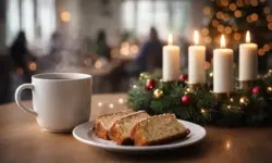 Festlich gedeckter Tisch mit Kerzen, einer Tasse Kaffee und einem Stück Kuchen in hellem, fotorealistischem Licht.