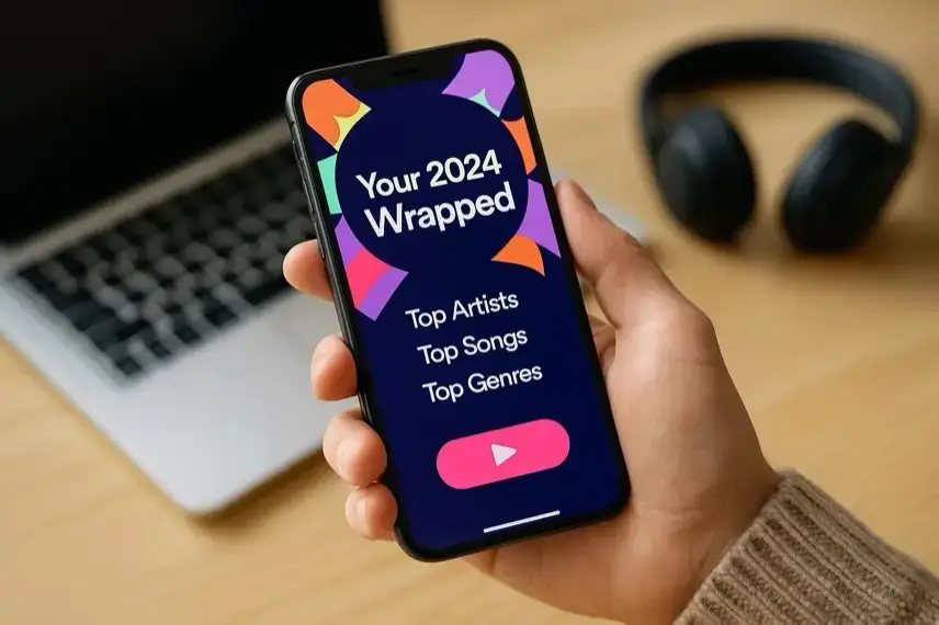 Hand hält ein Smartphone vor einem Schreibtisch mit Laptop und Kopfhörern im Hintergrund.