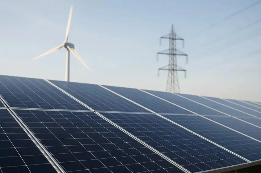 Hochspannungsmast mit Stromleitungen vor hellem Himmel, fotografiert in klarer, fotorealistischer Darstellung.