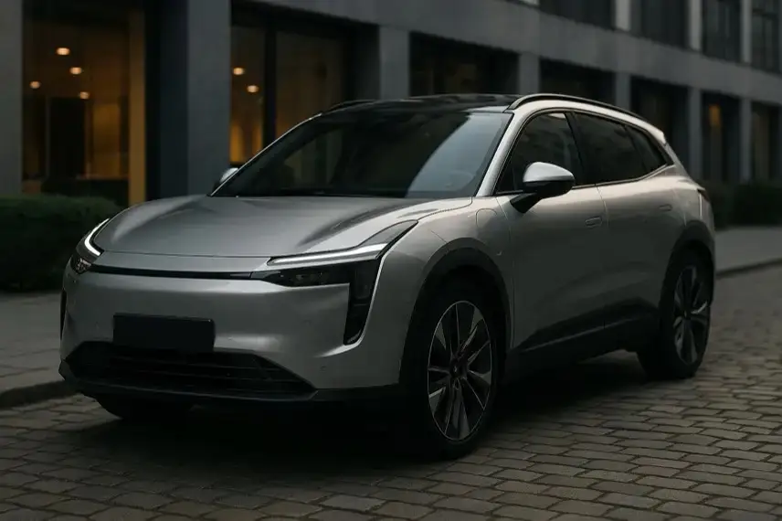 Generisches, modernes Elektroauto auf nassem Asphalt unter neutralem Himmel, ohne Logos oder erkennbare Marken.