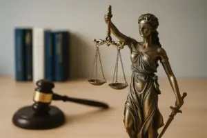 Fotorealistische Nahaufnahme einer neutralen Justitia-Statue mit Waage und Schwert, hell ausgeleuchtet und ohne erkennbare Personen.