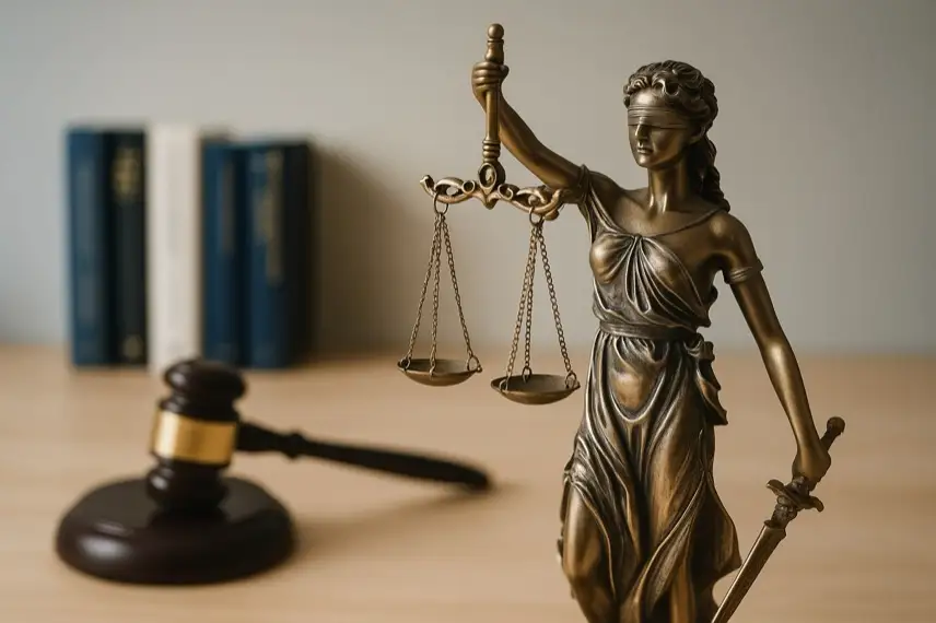 Fotorealistische Nahaufnahme einer neutralen Justitia-Statue mit Waage und Schwert, hell ausgeleuchtet und ohne erkennbare Personen.