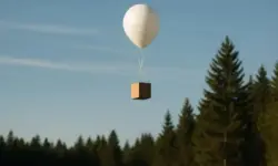 Weißer Ballon, der ein kleines Paket über einem Nadelwald in den Himmel trägt.