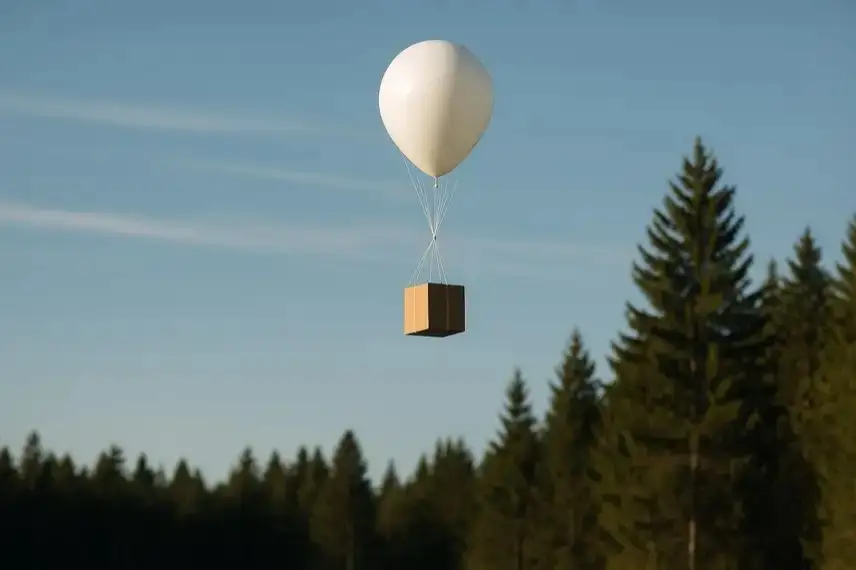 Weißer Ballon, der ein kleines Paket über einem Nadelwald in den Himmel trägt.