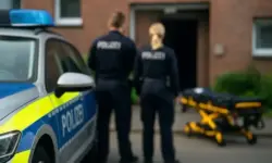 Nachgestellte Nachtaufnahme einer abgesperrten Wohnstraße mit Polizeifahrzeugen und Blaulicht ohne sichtbare Personen.