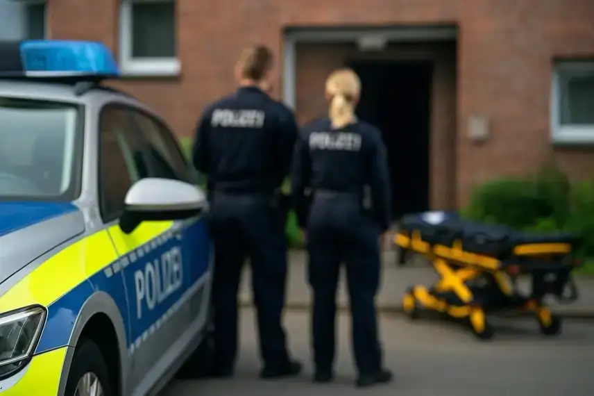 Nachgestellte Nachtaufnahme einer abgesperrten Wohnstraße mit Polizeifahrzeugen und Blaulicht ohne sichtbare Personen.