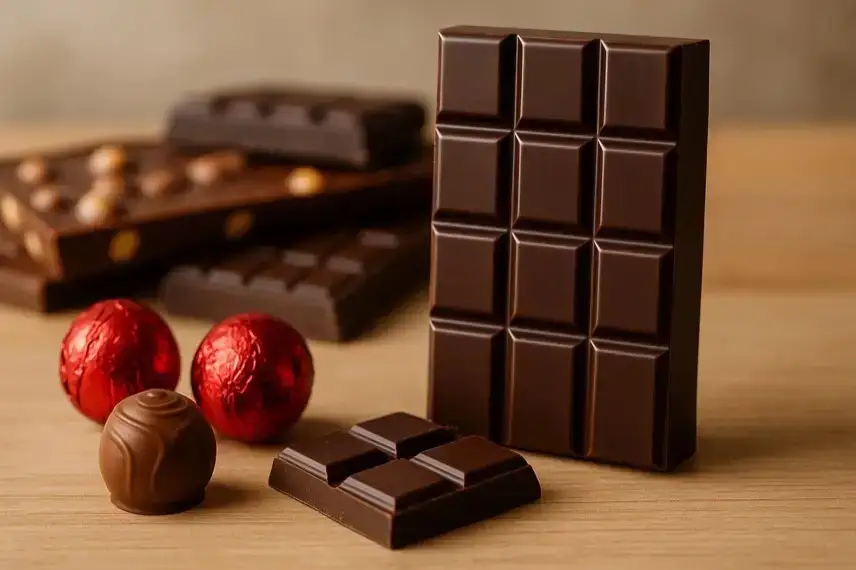 Hochwertige Schokoladentafeln und Pralinen auf einer edlen Oberfläche, im Hintergrund unscharf angedeutete Supermarktregale ohne Beschriftung.