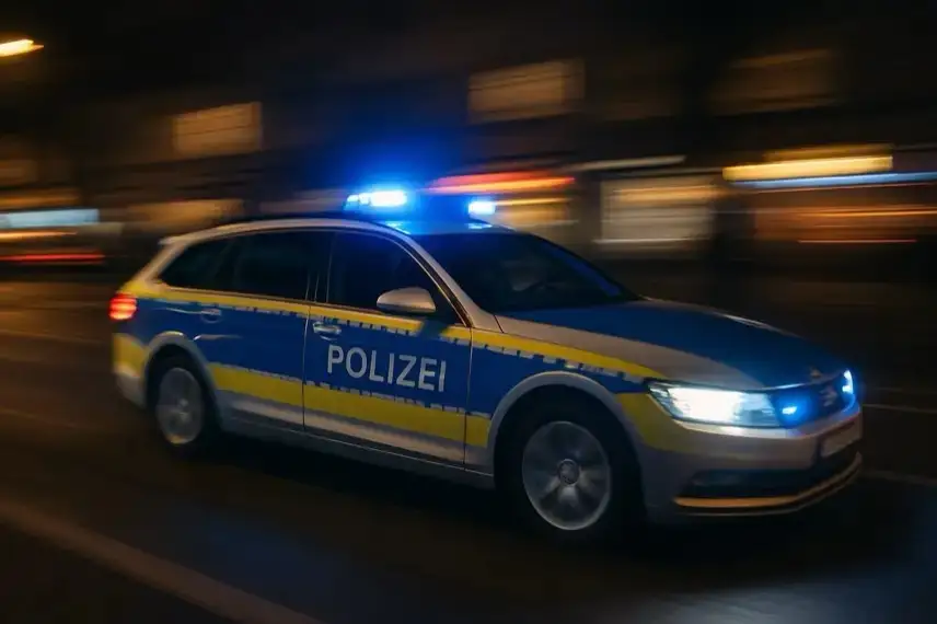 Nächtliche Innenstadtstraße mit Absperrband und Blaulicht-Reflexionen auf nassem Pflaster.