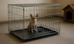 Metallener Hundezwinger auf Betonboden, darin ein Chihuahua, im Hintergrund ein kleines Holz-Hundehäuschen bei weichem Tageslicht.