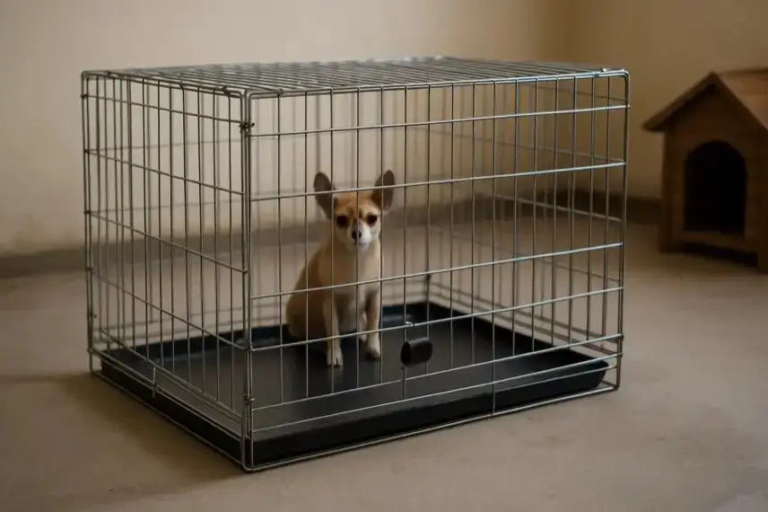 Metallener Hundezwinger auf Betonboden, darin ein Chihuahua, im Hintergrund ein kleines Holz-Hundehäuschen bei weichem Tageslicht.