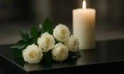 Weiße Rosen liegen auf einer dunklen Oberfläche, im Hintergrund steht eine brennende Kerze bei gedämpftem Licht.