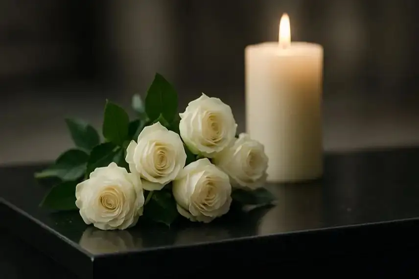 Weiße Rosen liegen auf einer dunklen Oberfläche, im Hintergrund steht eine brennende Kerze bei gedämpftem Licht.