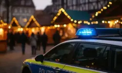 Polizeiwagen mit eingeschaltetem Blaulicht vor beleuchteten Weihnachtsmarktständen am Abend.