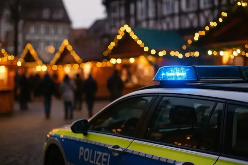 Polizeiwagen mit eingeschaltetem Blaulicht vor beleuchteten Weihnachtsmarktständen am Abend.