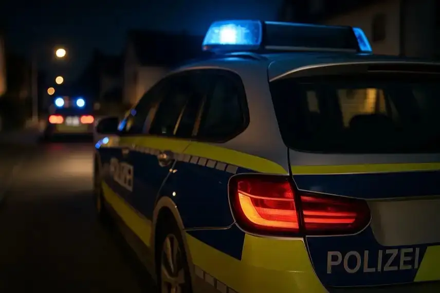 Polizeifahrzeug mit eingeschaltetem Blaulicht in einer nächtlichen Wohnstraße.