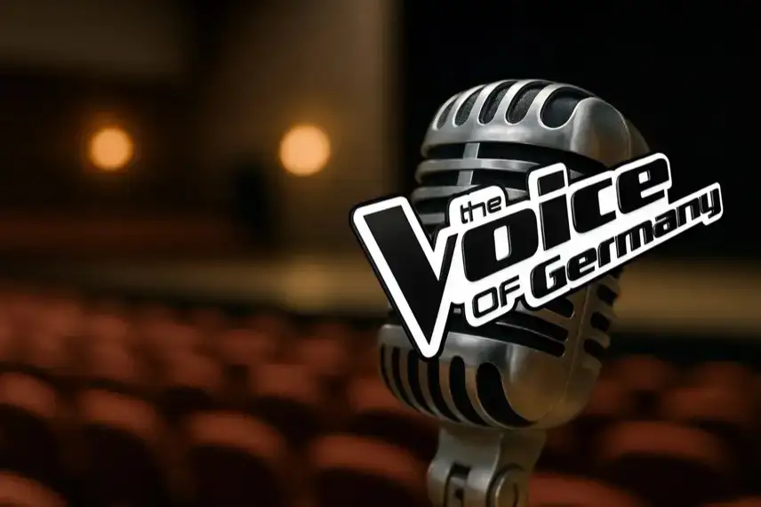 Leere Musikshow-Bühne mit Mikrofonständer, Scheinwerferlicht und unscharfem Hintergrund.