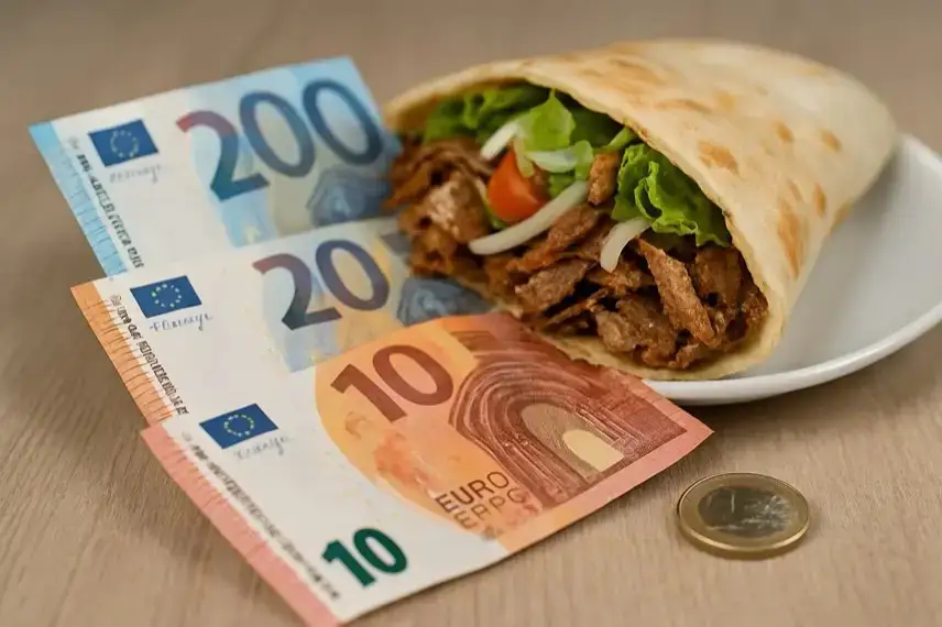 Döner im Fladenbrot auf einem Teller, daneben Euro-Banknoten und eine Euromünze auf einer Holzoberfläche.
