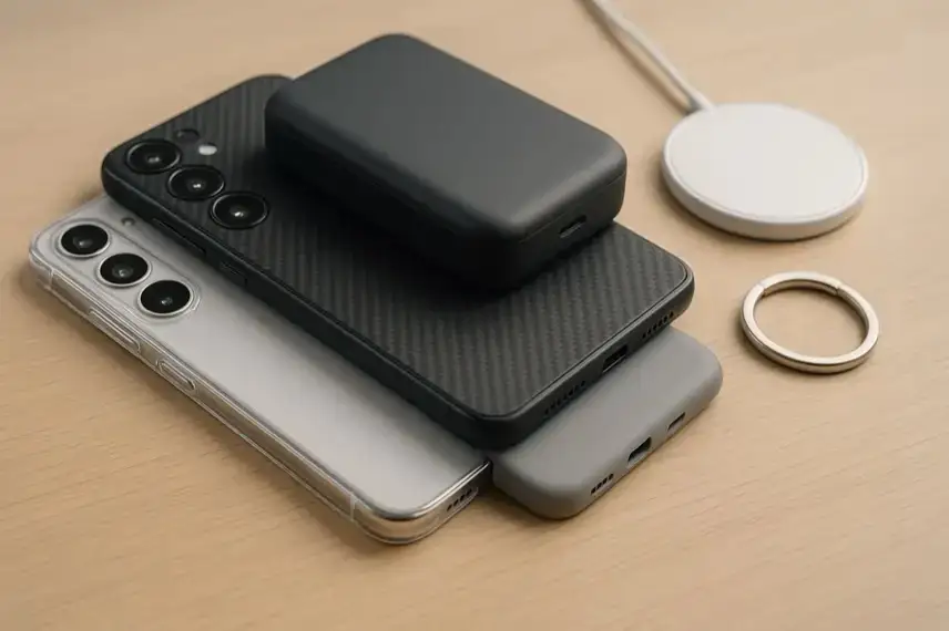 Smartphone mit magnetischer Schutzhülle und kabellosem Ladezubehör auf hellem Untergrund.